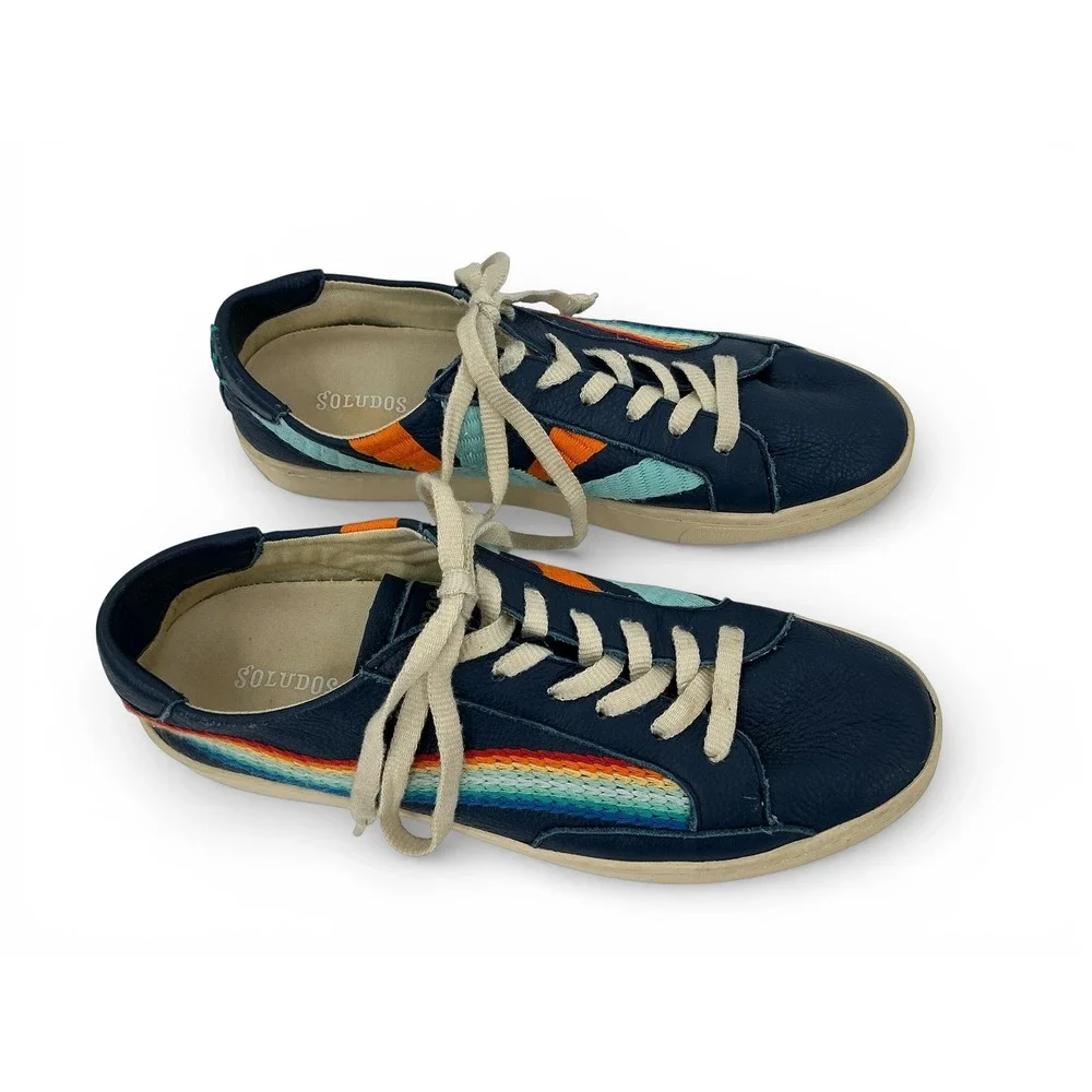 Soludos Chill Out Navy Leather Low Top Sneakers Womens 9.5‎ Embroidered Rainbow